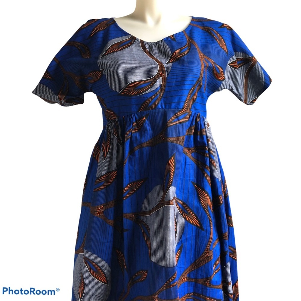 African Print Dress Size 10 or 12 Cotton Blue Orange Handcrafted